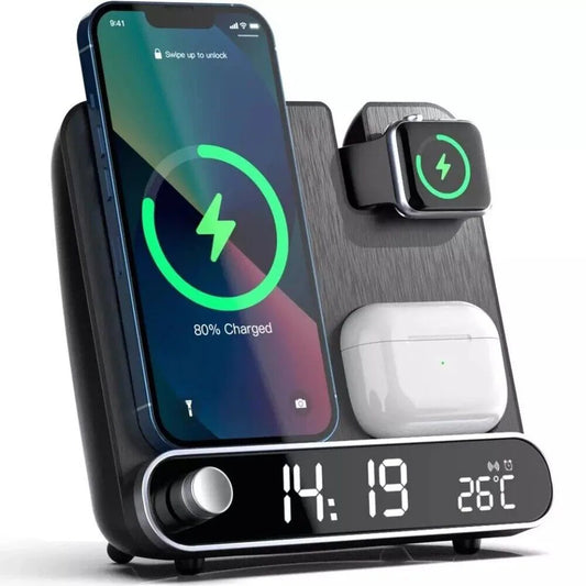 3 in 1 Wireless Charger With Alarm Clock And Thermometer for iPhone Apple Watch and AirPods.